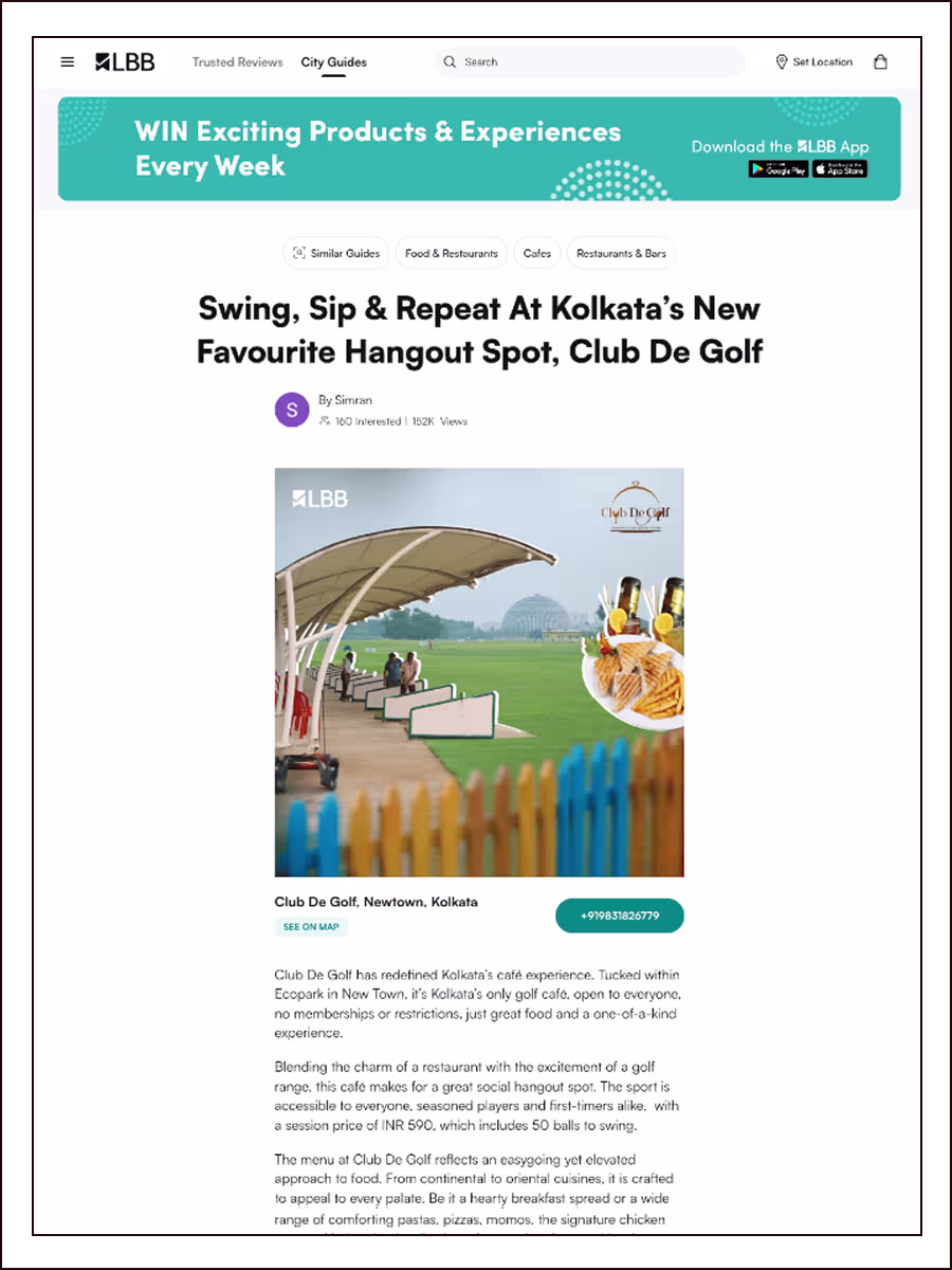Golf driving range at Club De Golf with an inset showing a plate of sandwiches and fries