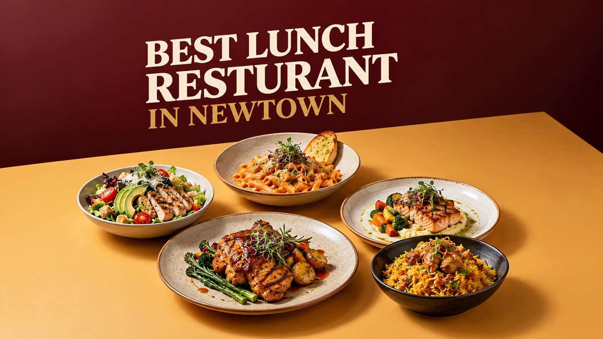 Lunch spread featuring grilled chicken, salmon, pasta, fresh salad and biryani at a restaurant in New Town