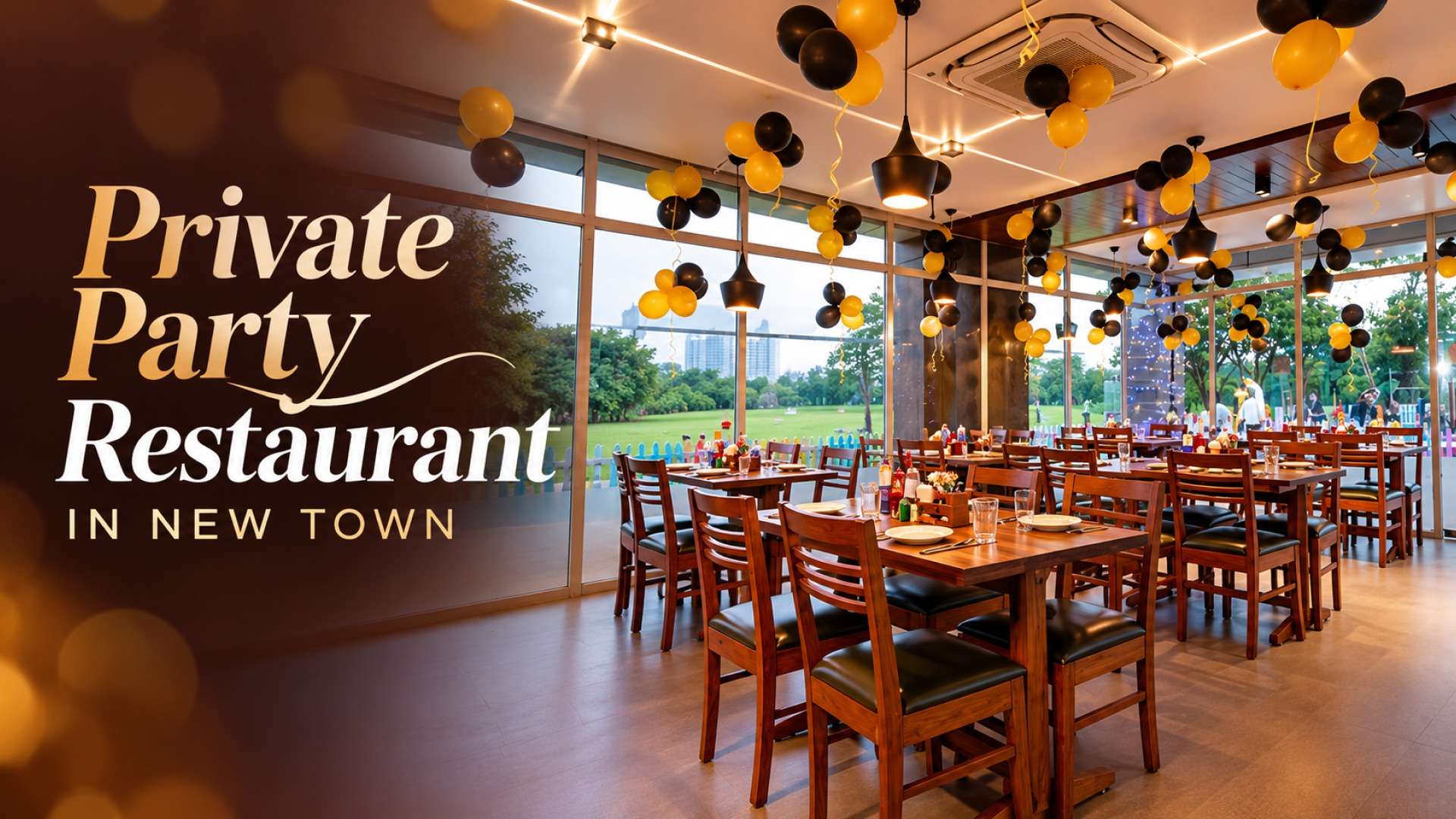 Private party restaurant in New Town with spacious seating and festive black and yellow balloons
