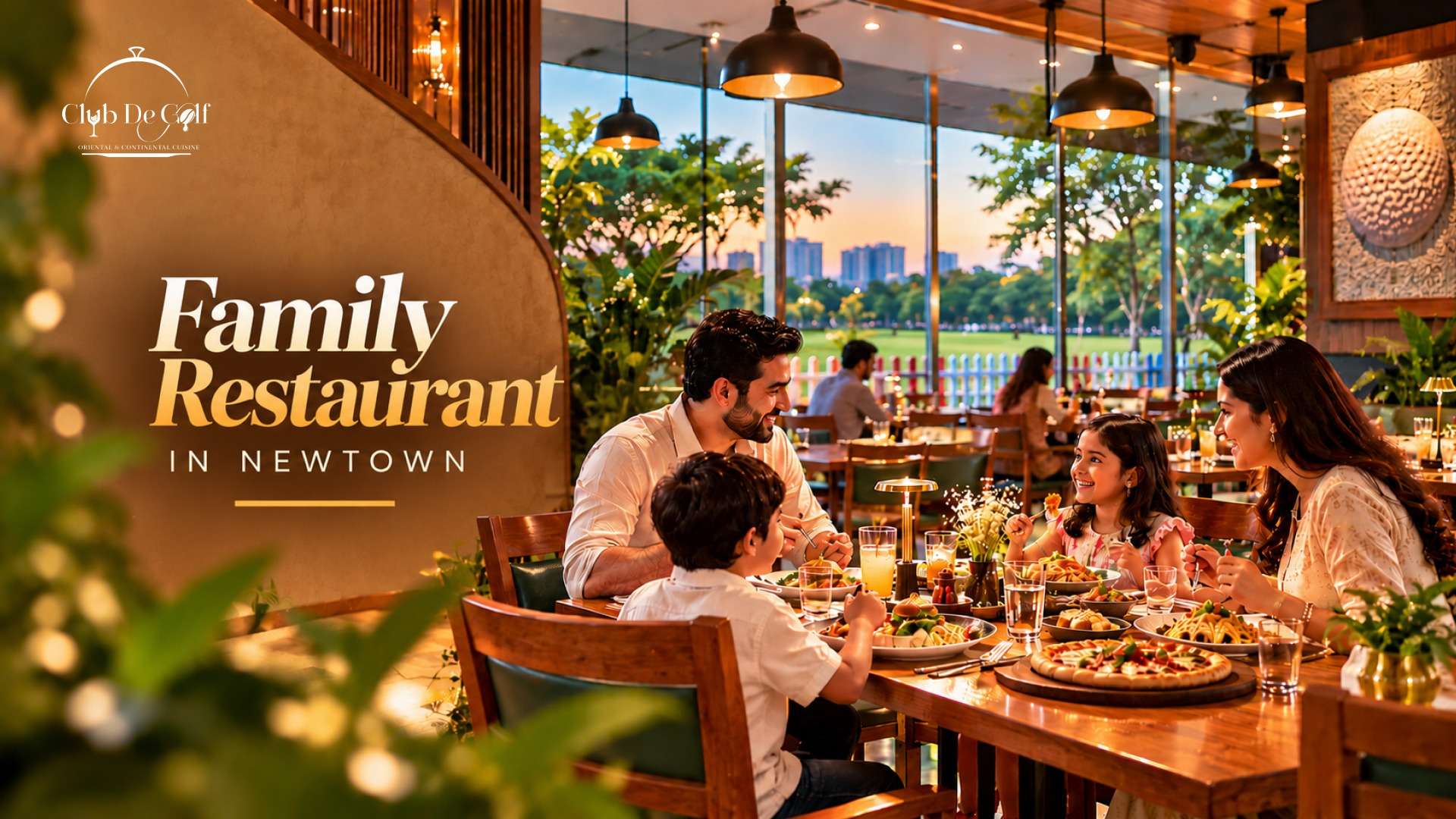 Family enjoying a meal together at Club De Golf, a family restaurant in New Town